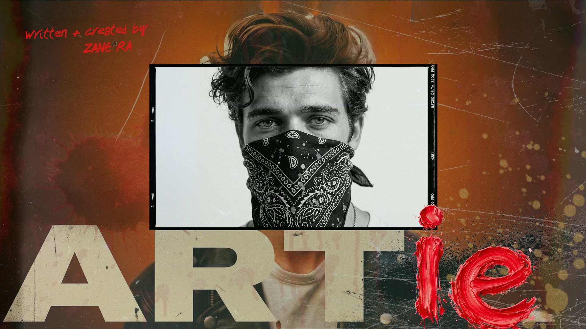 ARTie — the lead, face concealed by a bandana in a black-and-white film still, over burnt-orange grunge. Written and created by Zane Ra.